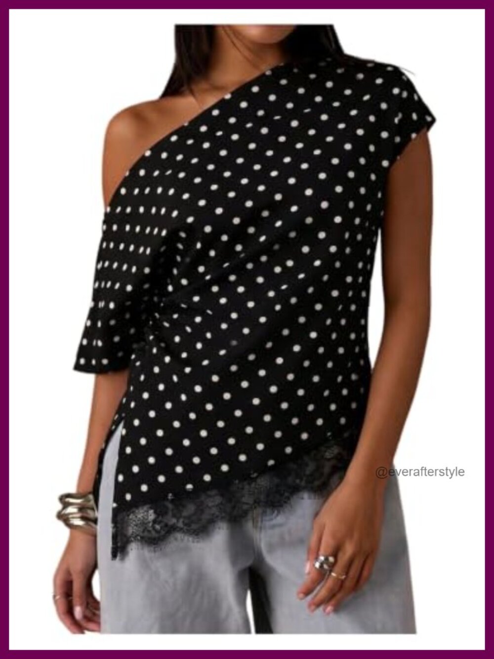 Women's Polka Dots Off Shoulder Asymmetrical Lace Trim Top Blouse Y2K